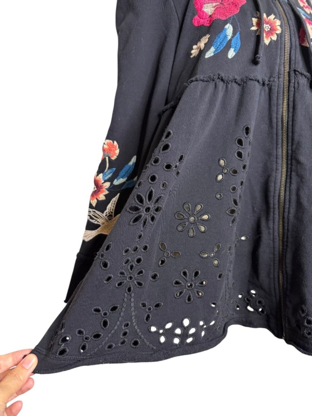 Johnny Was Junia Jacket Embroidered Eyelet Zip Front Hooded Black S - Picture 9 of 12